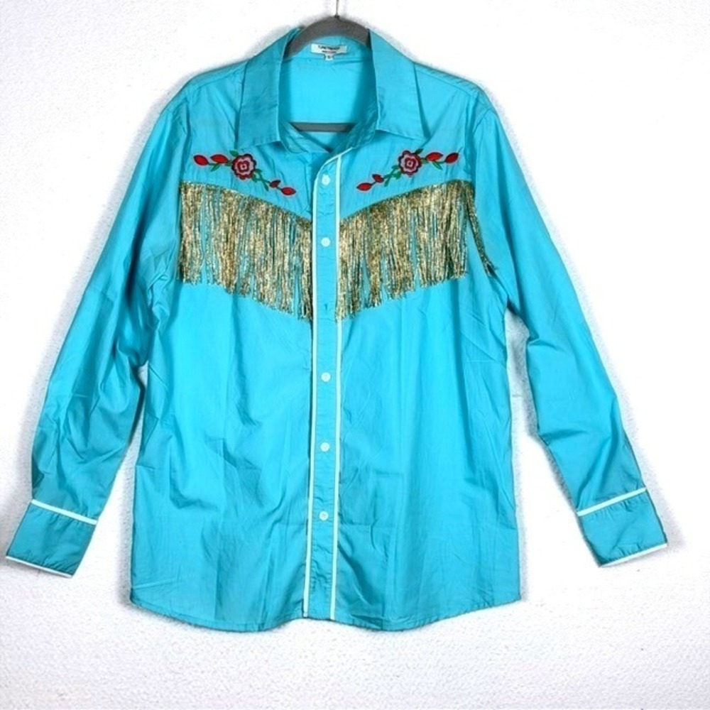 Turetrendy Turquoise Western Fringe Shirt Gold Tinsel Floral Embroidered‎ Large